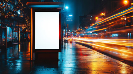 Blank vertical billboard mockup at a bus stop, glowing against a vibrant night cityscape with motion blur and wet reflections. Perfect for outdoor advertising and branding