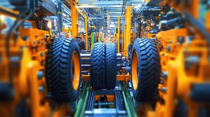 Naklejka premium A high-speed tire production plant with automated machinery assembling rubber components