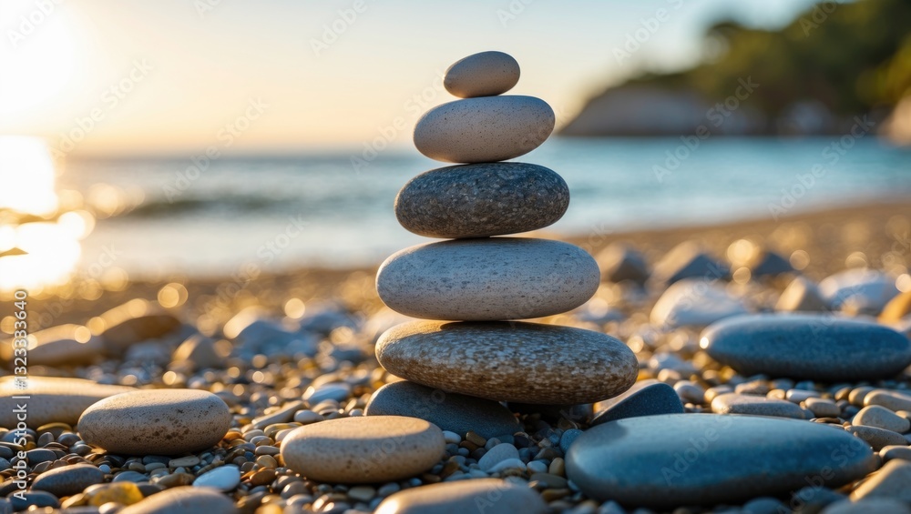 Poster stacked pebbles balanced on a beach with smooth stones in the foreground, soft sunset light creating
