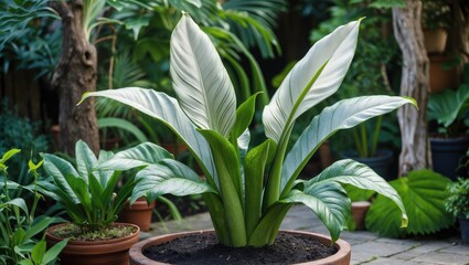 Obraz premium Lush garden setting featuring vibrant green Alocasia Okinawa Silver with striking silver leaves in a terracotta pot surrounded by tropical plants.