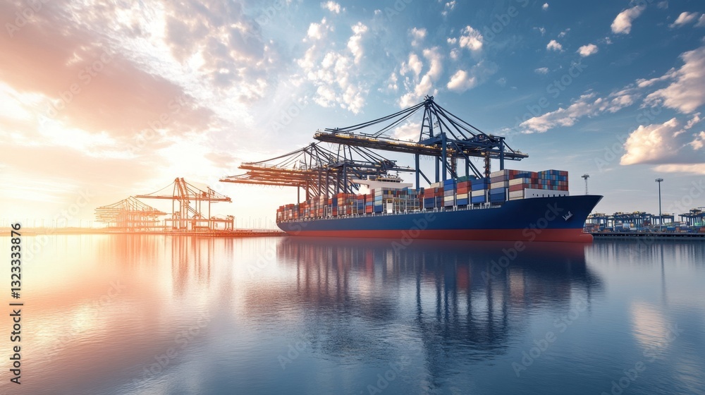 Poster a high-tech cargo ship terminal with automated cranes loading massive containers