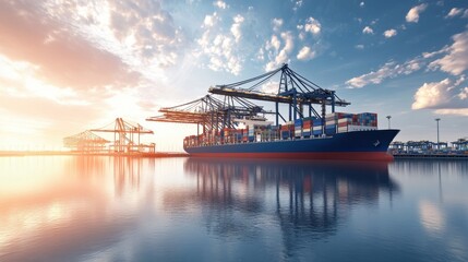 A high-tech cargo ship terminal with automated cranes loading massive containers