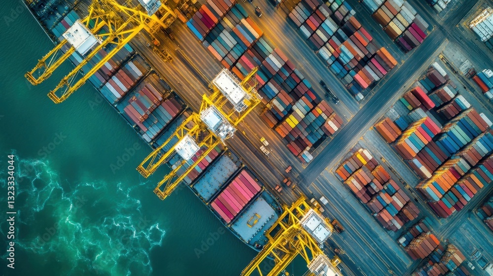 Poster a high-tech cargo ship terminal with automated cranes loading massive containers