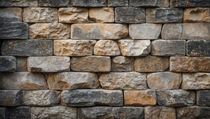 Textured aged stone wall background featuring a mix of dark and light gray, brown, and beige stones arranged in a rustic pattern.