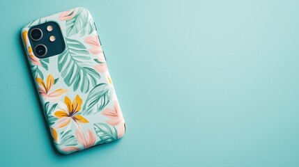 Obraz premium A smartphone with a vibrant floral case featuring green leaves and orange flowers, set against a turquoise background. The case adds a playful and colorful touch to the device.