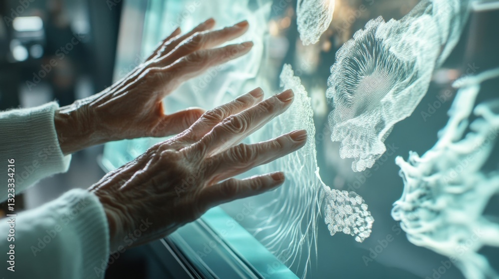 Poster a closeup of hands interacting with a 3d holographic display where intricate design elements are bei