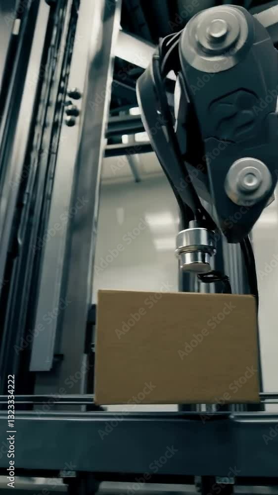 Poster robotic arm efficiently moves cardboard boxes in hightech warehouse setting