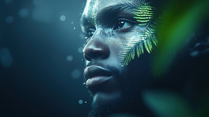 Close-up of a futuristic man with glowing fern patterns on dark green background. Nature and technology symbiosis