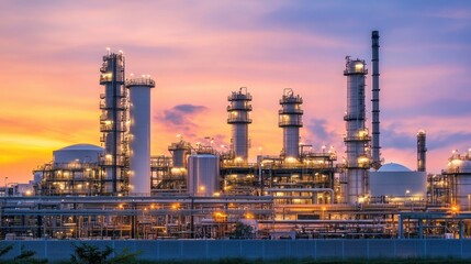 Naklejka premium A high-tech chemical plant with interconnected pipes, tanks, and safety monitoring systems