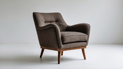 Fototapeta premium Stylish armchair with gray-brown fabric and wooden legs positioned centrally against a minimalistic white background creating a modern aesthetic