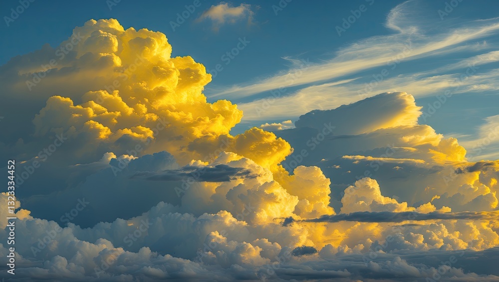 Poster colorful yellow and gray clouds against a blue sky with a gradient. soft wisps of clouds create an e
