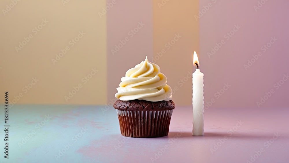 Poster chocolate cupcake with vanilla frosting on multi-colored pastel backdrop with a white candle on the 