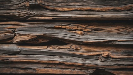 Fototapeta premium Aged wooden planks with deep brown and gray hues layered horizontally showcasing intricate textures and weathered details for rustic backgrounds.