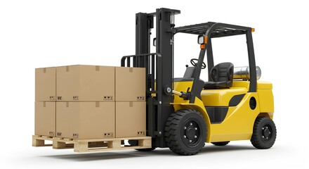 Forklift transporting stacked boxes on a pallet isolated on white background