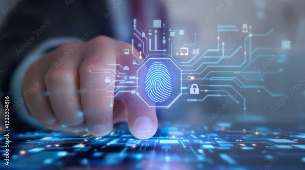 Poster close-up of a finger touching a digital fingerprint scanner with glowing circuit connections, futuri