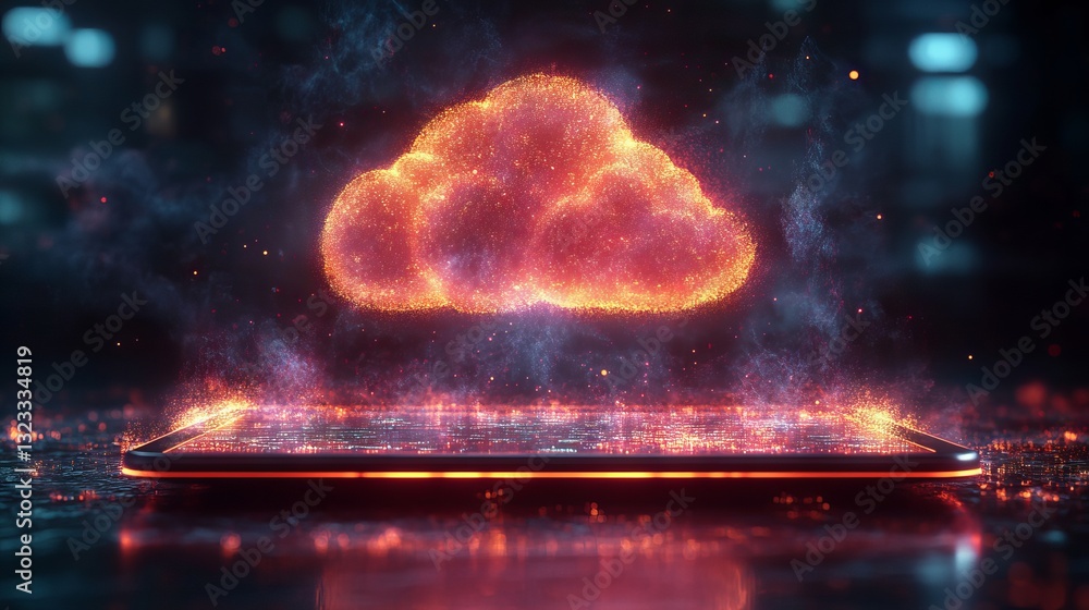 Poster neon cloud icon over glowing tablet on dark background: futuristic digital interface showcasing clou