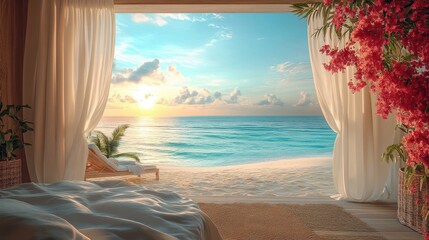 Serene beachfront bedroom at sunset with open curtains and ocean view