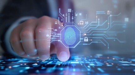 Close-up of a finger touching a digital fingerprint scanner with glowing circuit connections, futuristic interface on blurred background, concept of cybersecurity. Ai generative