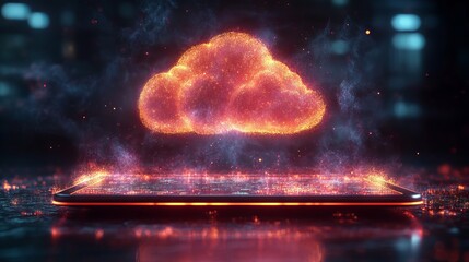 Neon cloud icon over glowing tablet on dark background: futuristic digital interface showcasing cloud computing and advanced data connectivity