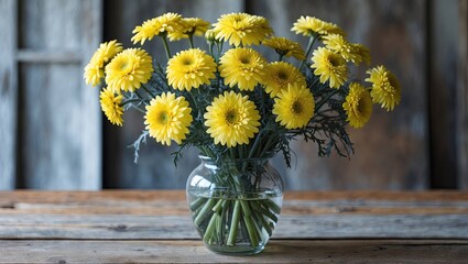 Vibrant yellow mums in a clear glass vase positioned centrally on a rustic wooden table, surrounded by a soft blurred background with wooden textures.