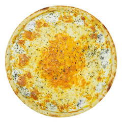 Italian pizza with cheese, on a white background, top view.