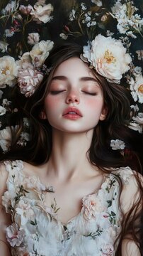 Serene Woman Amidst Blossoms: A Dreamlike Portrait