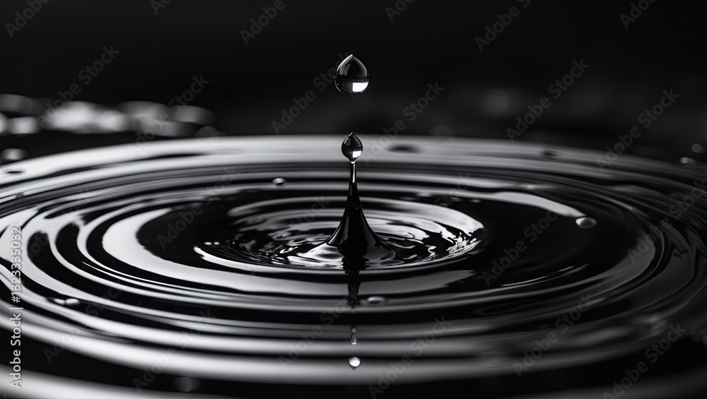 Poster high-contrast black and white image of a single water droplet creating ripples in a smooth dark surf