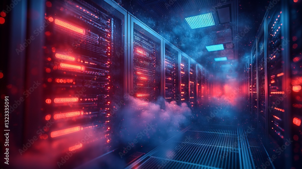 Poster modern server room with overhead cloud icon, futuristic data center concept showcasing advanced digi