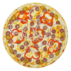 Italian pizza with sausages, mustard, pepper and onion, on a white background, top view.
