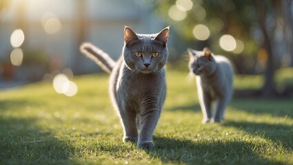 Pair of gray cats walking in a sunlit garden with soft bokeh effect in the background and lush green grass creating a tranquil atmosphere.