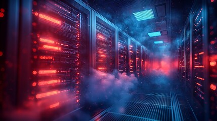 Modern server room with overhead cloud icon, futuristic data center concept showcasing advanced digital infrastructure and cutting-edge technology