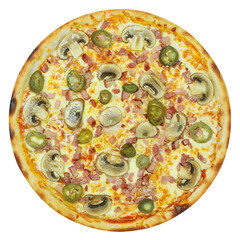 Italian pizza with sausage, mushrooms, jalapeno, on a white background, top view.