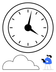 Oversized clock with minute details towering above small figure in blue holding tablet with a nearby cloud. Ideal for time planning, productivity, cloud technology, scheduling, prioritization, remote