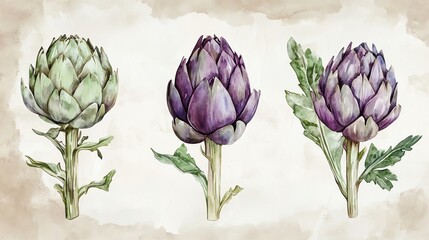 Fototapeta premium Vegetables and farm produce. Collection set watercolor fresh farm vegetables. Elegant watercolor artichokes on soft background.