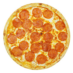 Italian pepperoni pizza, on white background, top view.