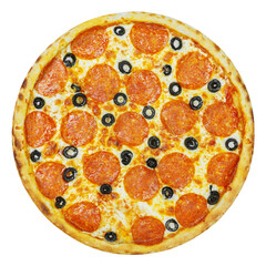 Italian pepperoni pizza with olives, on white background, top view.
