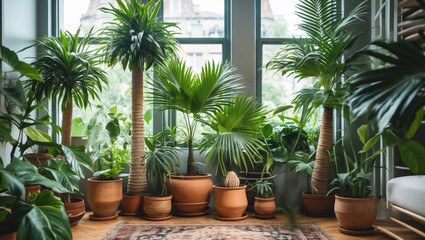 Fototapeta premium Lush indoor garden scene featuring various potted palm trees and houseplants in terracotta pots near large windows with natural light filtering in.