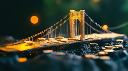 Digital Marketing Spend Concept. Miniature bridge made of coins, illuminated against a dark background, symbolizing wealth and investment.