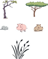 Vsai cute hippos enjoying the african savannah landscape