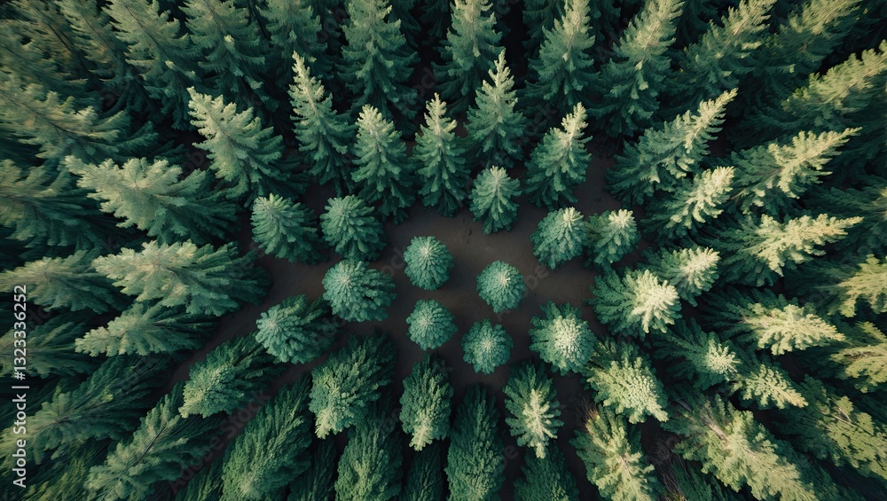 Poster aerial view of densely packed evergreen trees in varying shades of green forming circular patterns a