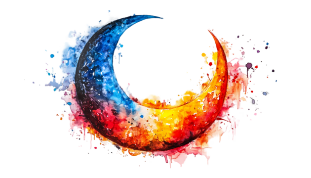 Fire and Ice Crescent Moon Watercolor Art on transparent background