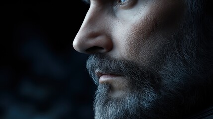 Obraz premium Close-up of an older man with a gray beard and intense gaze. Mature wisdom and experience