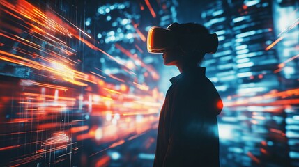 Fototapeta premium Silhouette of a woman in a VR headset interacting with a neon-lit digital environment. Concept of metaverse, artificial intelligence, and futuristic technology.