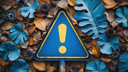 Blue triangular warning sign with yellow exclamation mark centered on colorful autumn leaves and tropical blue leaves creating contrast.