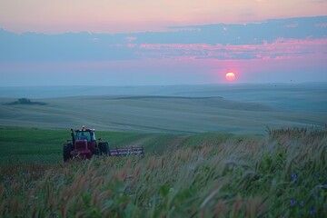 Fototapeta premium Tranquil sunset over rolling fields with tractor in scenic rural landscape.
