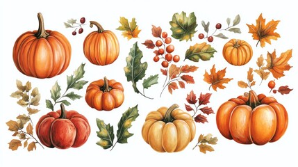 Vegetables and farm produce. Collection set watercolor fresh farm vegetables. Colorful pumpkins and autumn leaves illustration.