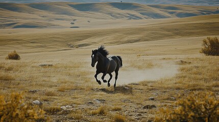 Galloping black horse open field nature photography golden plains lateral view freedom concept
