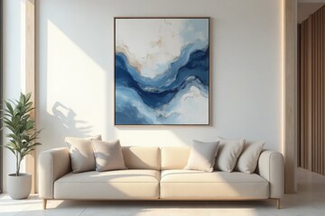 Modern living room with a blue abstract painting and a light beige sofa in a sunlit, minimalistic space