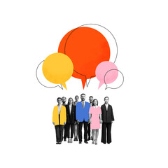 Contemporary art collage. Business team standing under colorful speech bubbles representing...