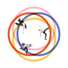 Contemporary art collage. Business professionals running and falling through interconnected...